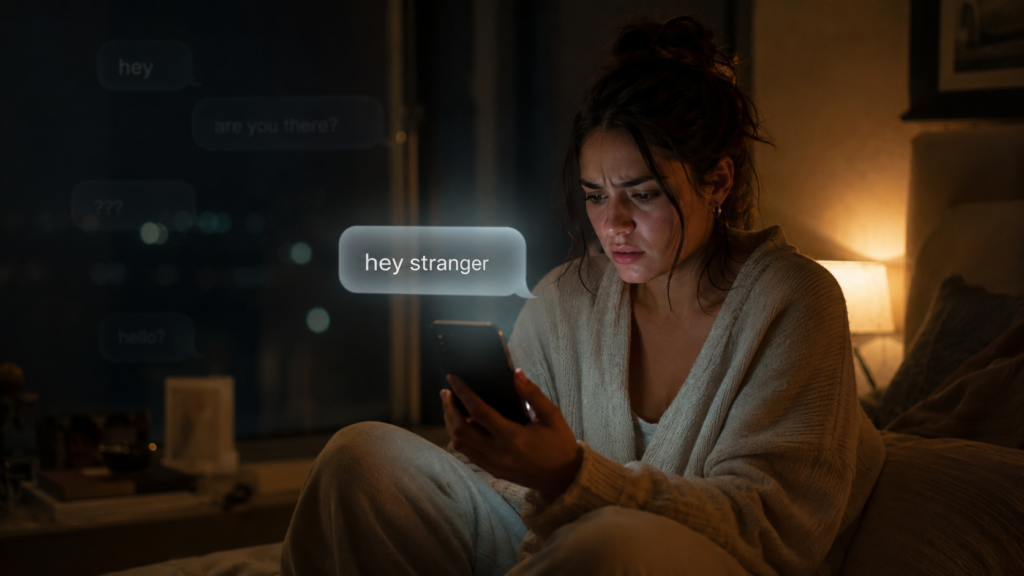 Woman looking at her phone in confusion after experiencing ghostlighting from someone she was dating