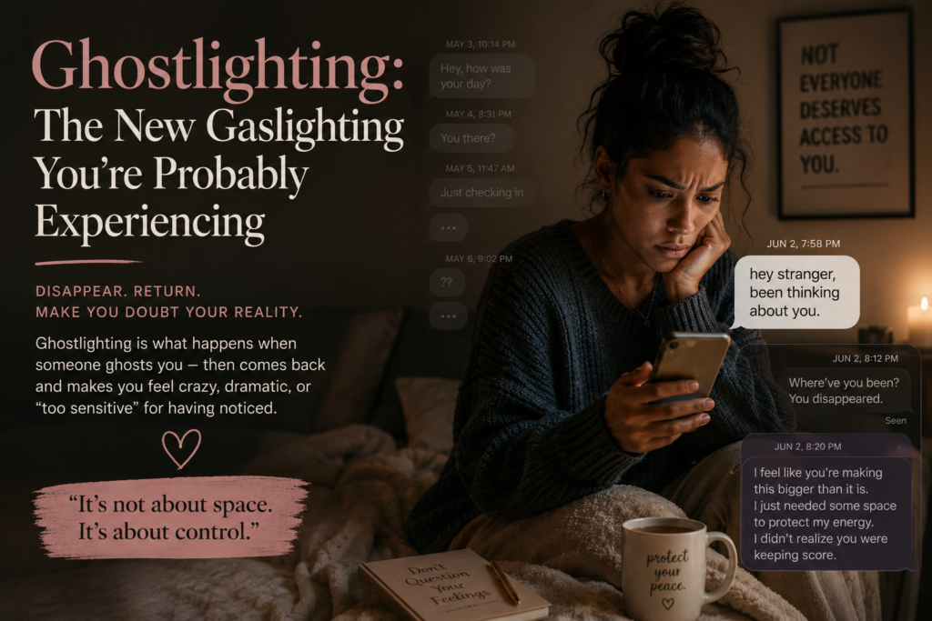 Woman looking at her phone in confusion after experiencing ghostlighting from someone she was dating