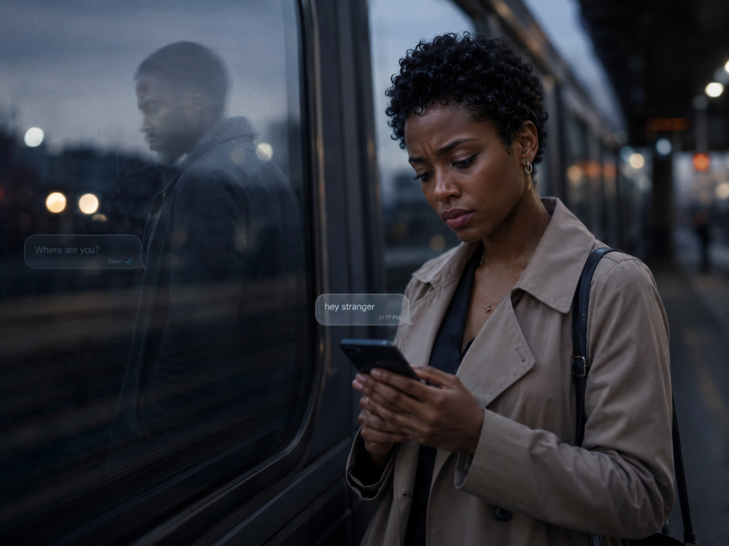Woman looking at her phone in confusion after experiencing ghostlighting from someone she was dating