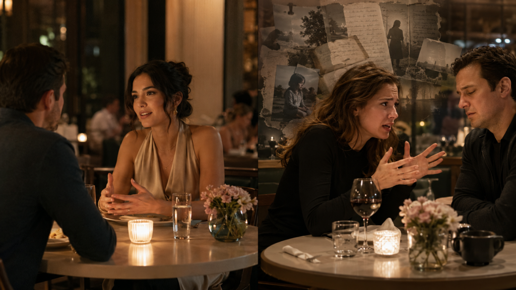 Woman on a first date practicing clear-coding dating instead of trauma-dumping about her past