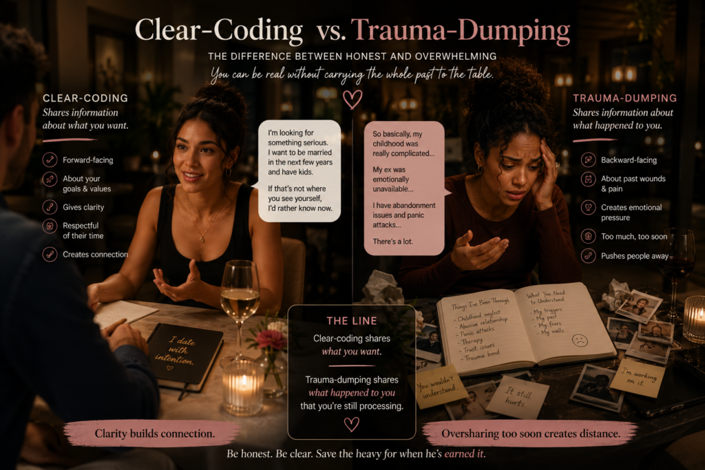 Woman on a first date practicing clear-coding dating instead of trauma-dumping about her past