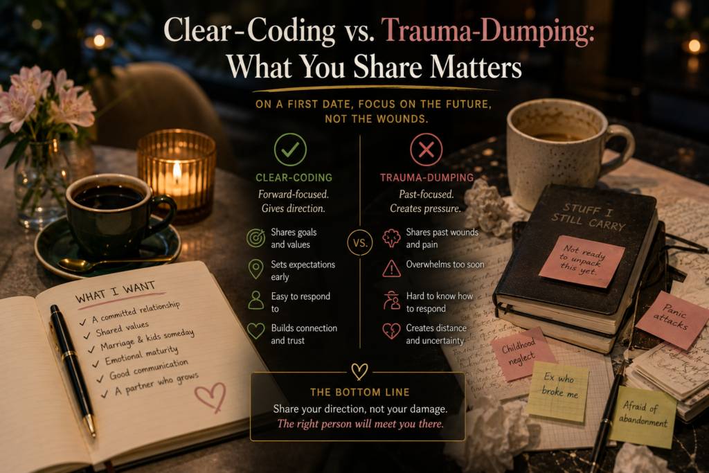 Woman on a first date practicing clear-coding dating instead of trauma-dumping about her past