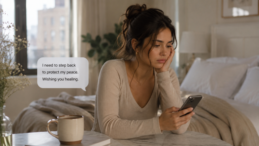 Woman staring at her phone after receiving a "protecting my peace" red flag breakup text