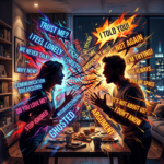 Couple yelling at each other with words expressing relationship conflict