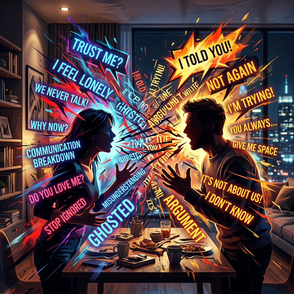 Couple yelling at each other with words expressing relationship conflict