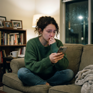 Sad woman sitting cross-legged on a couch looking at her smartphone with a distressed expression