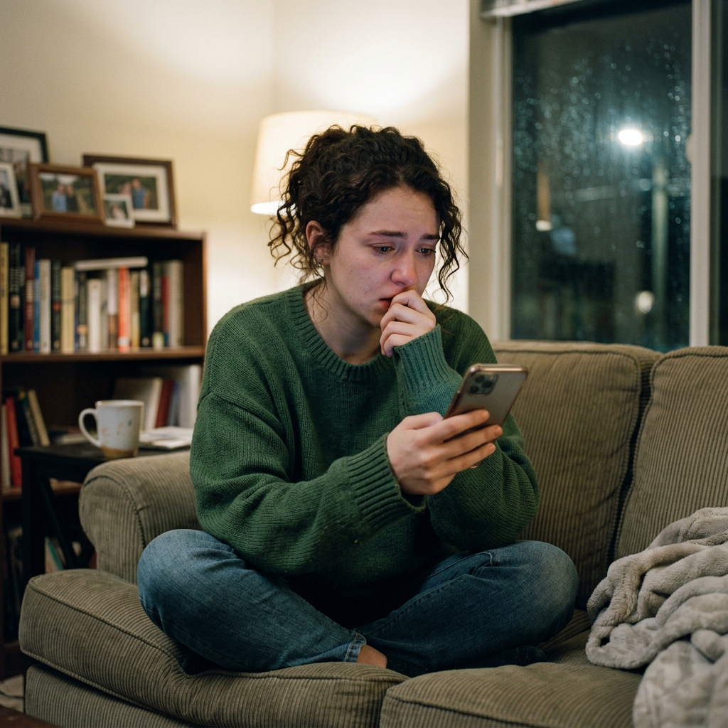 Sad woman sitting cross-legged on a couch looking at her smartphone with a distressed expression