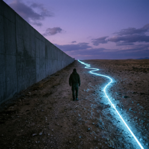 Person walking near tall concrete wall with glowing blue line on ground at twilight