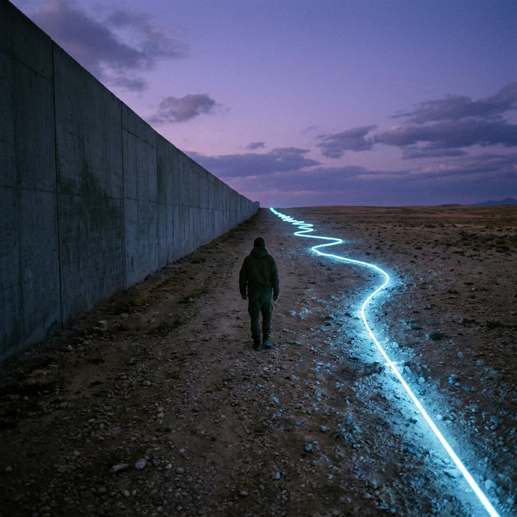 Person walking near tall concrete wall with glowing blue line on ground at twilight